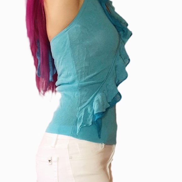 VINTAGE BEBE TURQUOISE SKY BLUE KNIT HALTER RUFFLED ADJUSTABLE Y2K - Picture 2 of 5
